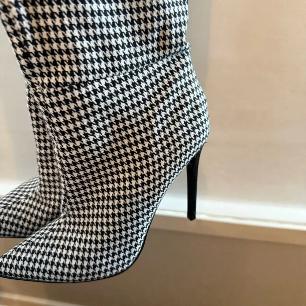JustFab Black and White Houndstooth Over-the-Knee Stiletto Boots
